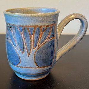 Vintage Handcrafted Wheel-Thrown Blue Pottery Mug w/ Tree Motif ~ Artist Signed